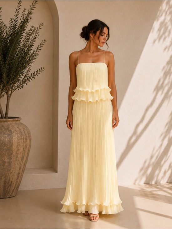 Commense Dresses & Skirts - Commense Pale Yellow Pleated Ruffle Maxi Set with Spaghetti Straps and Skirt